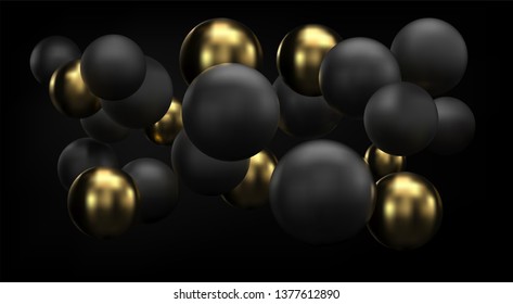 Golden and black abstract background with 3d spheres bubbles. Vector Christmas balls textured with gold. Jewelry cover concept. Horizontal banner. Decoration element for design