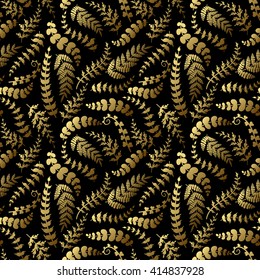 Golden and black abstract leaves pattern background. Seamless stylize floral pattern. Packing or wrapping paper design texture template. Vector illustration.