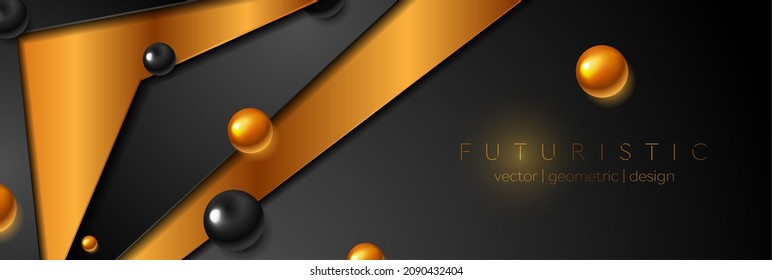 Golden and black abstract tech corporate background with glossy beads. Vector banner design