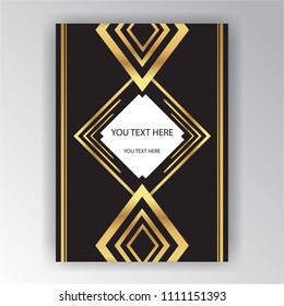 Golden black art deco and art novo page template , triangles geometric design for print and web metal  