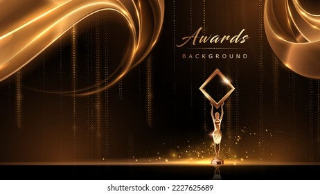 Golden Black Award Background. Waves Luxury Graphics. Stage Motion Visuals. Wedding Entertainment Night. Elegant Luxury Shine Modern Template Certificate. Wave Lines Shining. 