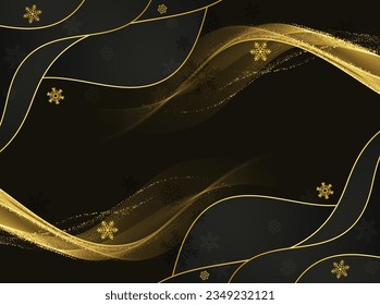 Golden Black background with winter gold color dark banner. Greeting card design or invitation style snowflakes. Premium royal elegant shiny golden lines waves background. Poster Vector illustration.