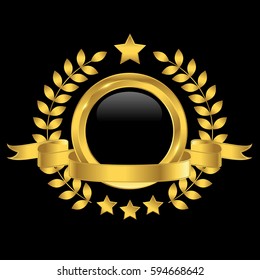 Golden black badge with ribbon and wreath on blank background, vector illustration