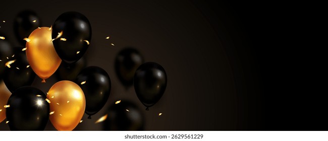 Golden and black balloons floating with shiny confetti on a dark background, representing a festive celebration scene. Vector illustration