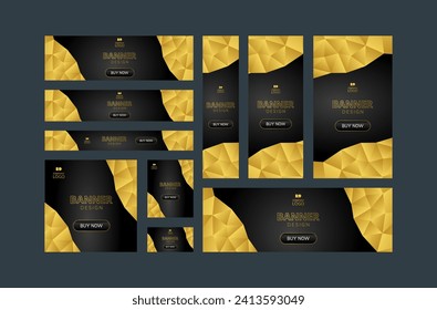 Golden and black banners set with CTA buttons: Buy now.