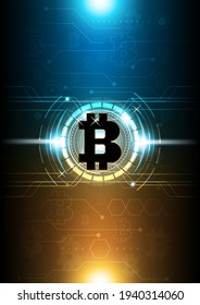 Golden and black bitcoin digital cryptocurrency, futuristic digital money, technology circuit network concept. Vector illustration design.