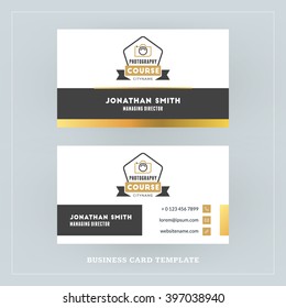 Golden and Black Business Card Design Template. Business Card for Photographer or Graphic Designer. Photo Studio Logotype Template. Vector Illustration. Stationery Design