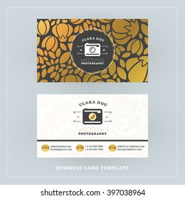 Golden And Black Business Card Design Template. Business Card For Photographer Or Graphic Designer. Photo Studio Logotype Template. Vector Illustration. Stationery Design