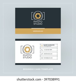 Golden And Black Business Card Design Template. Business Card For Photographer Or Graphic Designer. Photo Studio Logotype Template. Vector Illustration. Stationery Design