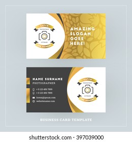 Golden and Black Business Card Design Template. Business Card for Photographer or Graphic Designer. Photo Studio Logotype Template. Vector Illustration. Stationery Design