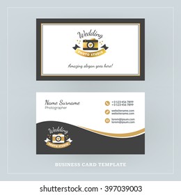 Golden and Black Business Card Design Template. Business Card for Photographer or Graphic Designer. Photo Studio Logotype Template. Vector Illustration. Stationery Design