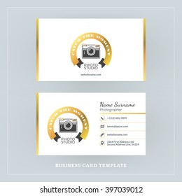Golden and Black Business Card Design Template. Business Card for Photographer or Graphic Designer. Photo Studio Logotype Template. Vector Illustration. Stationery Design