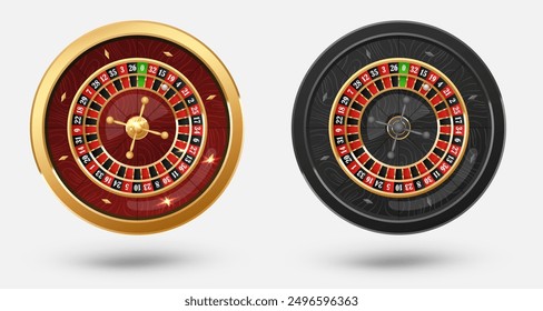 Rueda de ruleta de casino dorada y negra con escritorio de madera sobre fondo blanco con luz dorada, rayos, resplandor, destellos. Ilustración vectorial para casino, diseño de juegos, publicidad