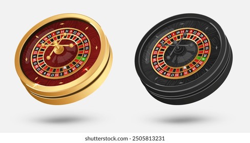 Goldenes und schwarzes Casino Roulette-Rad mit Holzschreibtisch auf weißem Hintergrund mit goldenem Licht, Strahlen, Blendung, funkelt. Vektorgrafik für Casino, Spieledesign, Werbung