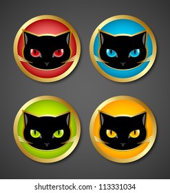 Golden and black cat head icons isolated on dark grey background