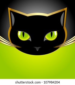 Golden and black cat head on black and green background