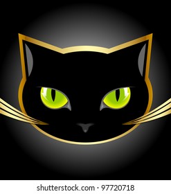 Golden and black cat head on black background