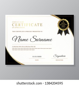 Golden and black certificate and diploma of appreciation luxury and modern design template vector illustration