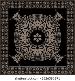 Ornamento quadrado grego clássico preto dourado. Retângulo da Grécia Antiga, Império Romano. Pintura bizantina de paredes, pisos, tetos. Decoração de palácios europeus. Para superfícies quadradas, têxteis