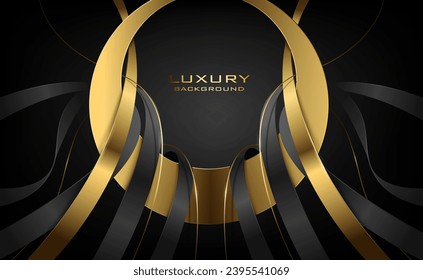 golden and black color curve ribbons and golden ring creative and modern geometric digital abstract luxury backdrop design template, use for cover design and business card, award banner.