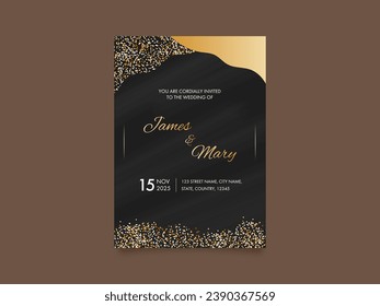 Golden and Black Color Wedding Invitation Card Template with Event Details.