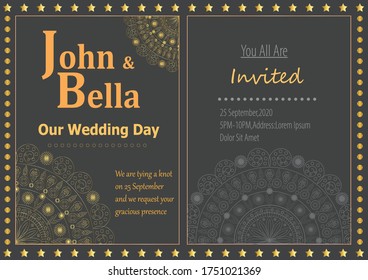 Golden black creative modern vector wedding card design for anniversary marriage and party related purpose and this card has nice golden frame with golden mandala design standard card.