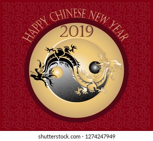 Golden and black dragon symbols of yin-yang​signed​ for celebrate Chinese new year 2019 