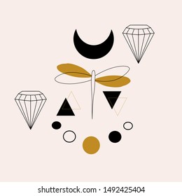 Golden and black dragonfly, diamonds and geometric elements. Vector illustration, perfect to use on the web, or in print