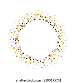 Golden and Black Dust Dots circle frame. Abstract glitter background with dots and sparkles. Copy space for text