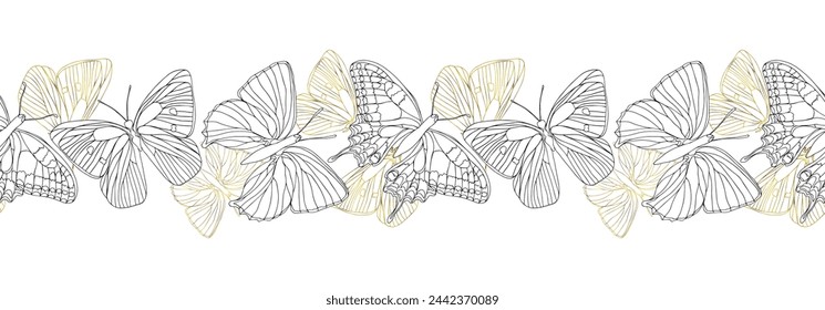 Golden and black ink line art butterfly seamless boarder.Vector hand drawn illustration for card or invitations, wedding design, coloring book