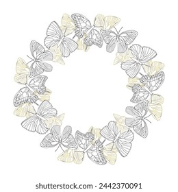 Golden and black ink line art butterfly circle wreath.Vector hand drawn illustration for card or invitations, wedding design, coloring book.