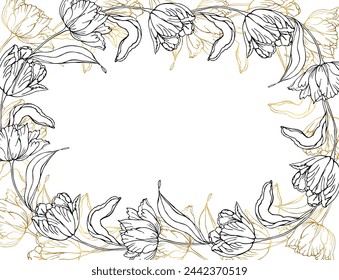 Línea de tinta dorada y negra arte tulipanes flor de primavera horizontal guirnalda banner.Vector dibujado a mano ilustración para tarjeta o invitaciones, diseño de la boda, libro para colorear.