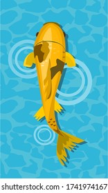 Golden and black koi fish vector image is swimming in blue water. There were round bubbles.