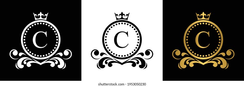 Golden and black Letter C template logo Luxury gold letter with crown. Monogram alphabet . Beautiful royal initials letter.	
