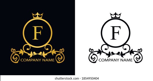 Golden and black Letter F template logo Luxury gold letter with crown. Monogram alphabet . Beautiful royal initials letter.	