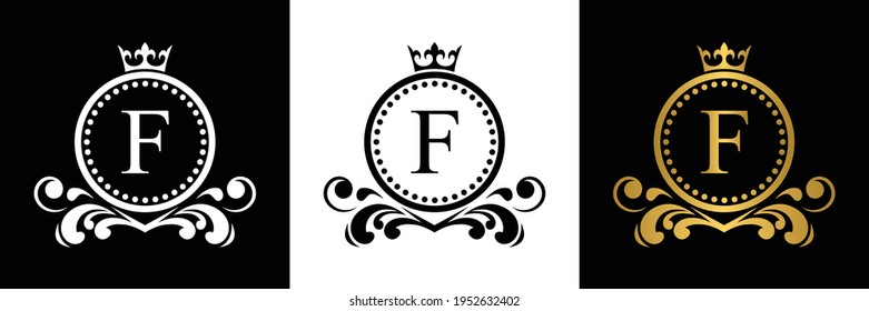 Golden and black Letter F template logo Luxury gold letter with crown. Monogram alphabet . Beautiful royal initials letter.	