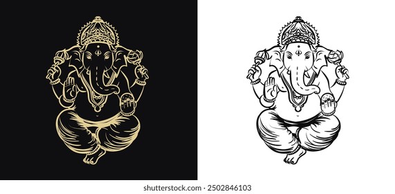 Golden and black line art of Lord Ganesha on a dark and white background. Hand drawn outline illustration of Hindu God ( Ganapati or Vinayaka) with elephant head. Indian mythology 