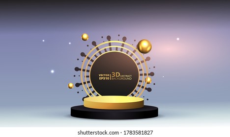 Golden black luxury stage and podium, for winner or product, clean minimal abstract geometric background popular concept. Scene for awards on website in modern, trendy futuristic design. 3d Vector.