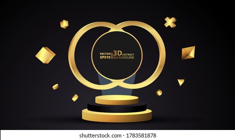 Golden black luxury stage and podium, for winner or product, clean minimal abstract geometric background popular concept. Scene for awards on website in modern, trendy futuristic design. 3d Vector.