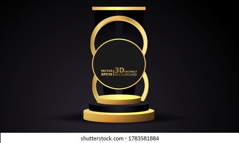 Golden black luxury stage and podium, for winner or product, clean minimal abstract geometric background popular concept. Scene for awards on website in modern, trendy futuristic design. 3d Vector.