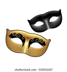 Golden and black masks isolated on white background. Template for Mardi Gras or Venetian masquerade festival. Vector Illustration.