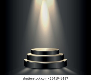 Golden black podium in the center of the stage under bright spotlights. Luxury festive banner on dark background for awards, presentation, product display, black friday, advertising banners, promotion