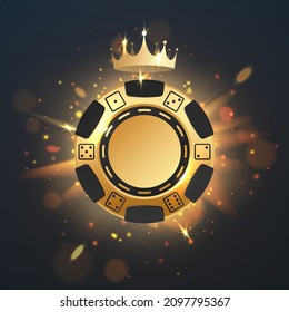 Oro con chip de póquer negro y puntos de puntos con luz dorada, rayos, brillo, destellos, corona sobre negro. Ilustración vectorial para tarjeta, casino, diseño de juegos, publicidad.