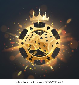 Golden with black poker chip and gold dices with light, rays, glare, sparkles and crown and letters, logo casino on black. Vector illustration for card, casino, game design, advertising.