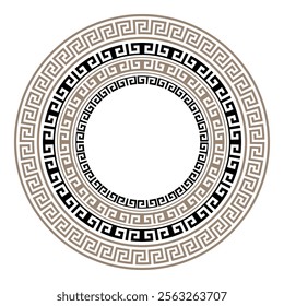 Golden Black round frame bohemian inspired by traditional art from Greece, yoga. Greek vector boho mandala design, round key pattern art isolated on white.  Greek fret or Greek key. Circle greek frame