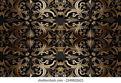 Golden and black seamless fabric pattern. Abstract traditional folk antique vintage retro ethnic graphic line. Fabric textile vector illustration ornate elegant luxury style. Art print for background.