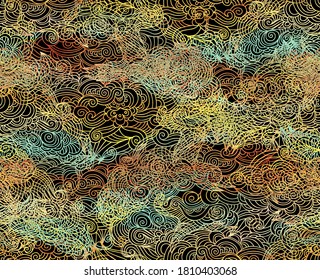 Golden - black seamless vector texture with stylized woven sea waves, abstract pattern on dark background