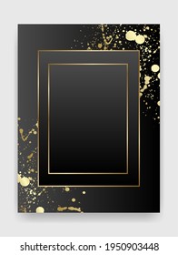 Golden and black shiny glowing blank frame. Gold paint splatter metal luxury vector rectangle border. Background illustration template.