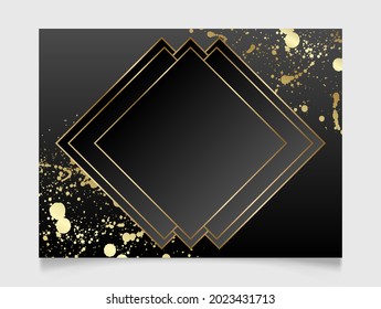 Golden and black shiny glowing blank frame. Gold paint splatter metal luxury vector border. Background illustration template.