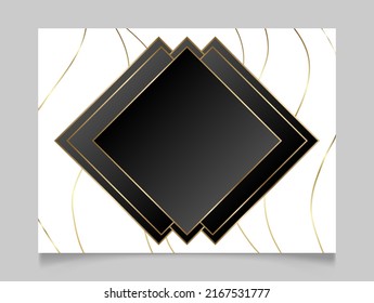 Golden and black shiny glowing blank frame over wavy white background. Gold metal luxury blank rhombus border. Vector background illustration template.